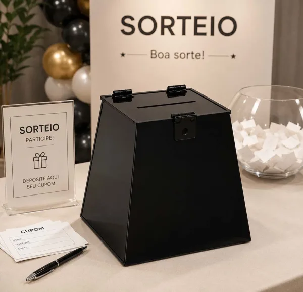 Urna Piramidal Acrílico Preto Sorteio Sugestão Votação